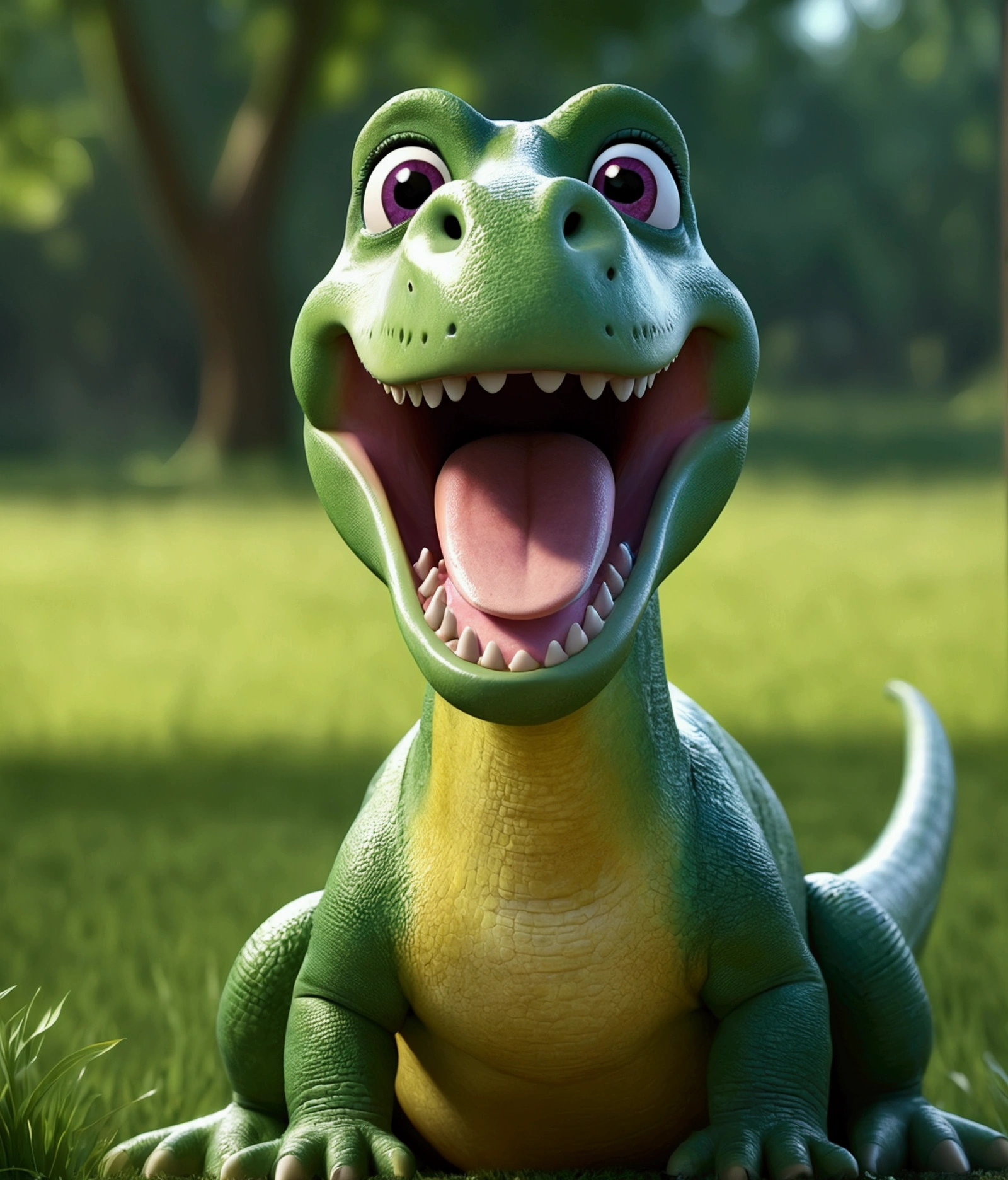 colorful 3d render of Barney the dinosaur, cute and friendly cartoon dinosaur, detailed facial features, large expressive eyes, smiling, happy expression, vibrant colors, soft lighting, sitting in a grassy field, nature background, photorealistic, 8k, high resolution, highly detailed, (best quality, 4k, 8k, highres, masterpiece:1.2), ultra-detailed, (realistic, photorealistic, photo-realistic:1.37), vibrant colors, soft lighting