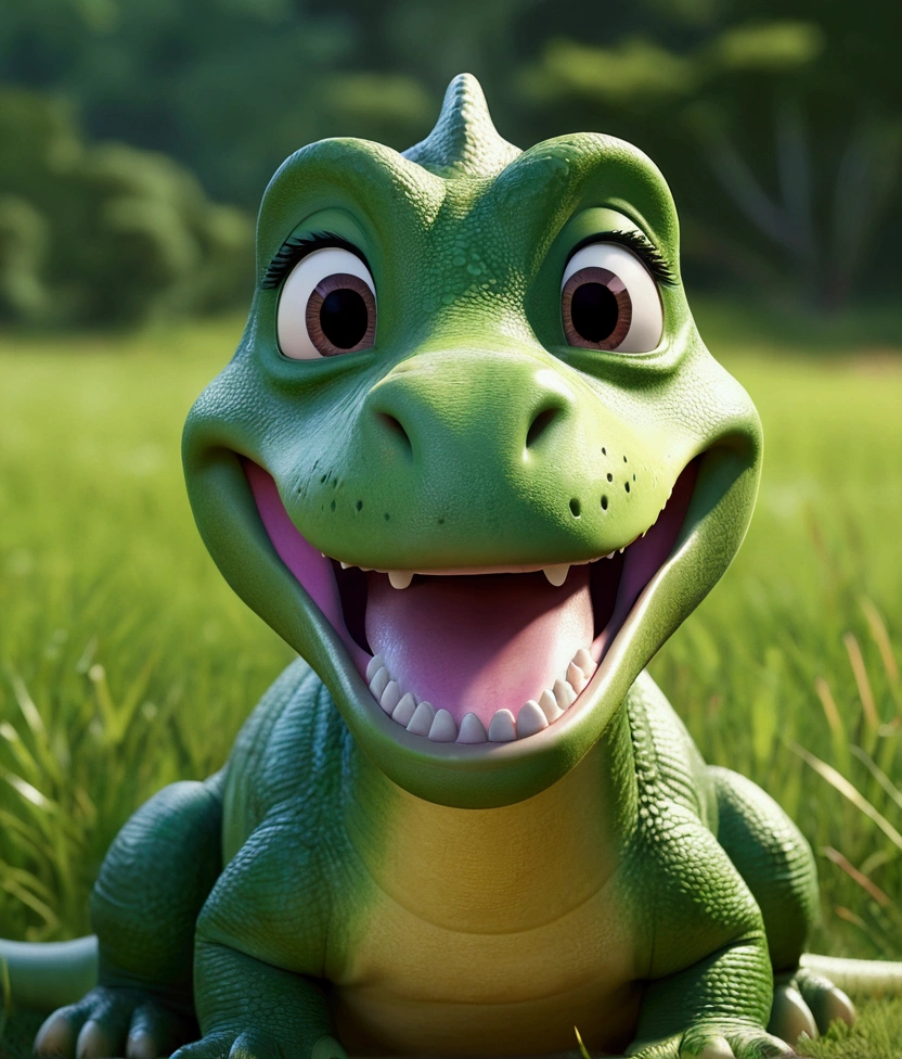 colorful 3d render of Barney the dinosaur, cute and friendly cartoon dinosaur, detailed facial features, large expressive eyes, smiling, happy expression, vibrant colors, soft lighting, sitting in a grassy field, nature background, photorealistic, 8k, high resolution, highly detailed, (best quality, 4k, 8k, highres, masterpiece:1.2), ultra-detailed, (realistic, photorealistic, photo-realistic:1.37), vibrant colors, soft lighting