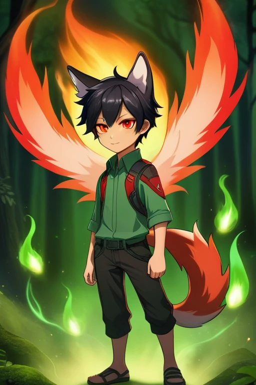Black-haired boy with fox ears and tail surrounded by green flames with red wings on his back Red eyes, full body worked