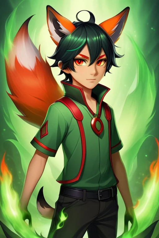 Black-haired boy with fox ears and tail surrounded by green flames with red wings on his back Red eyes, full body worked