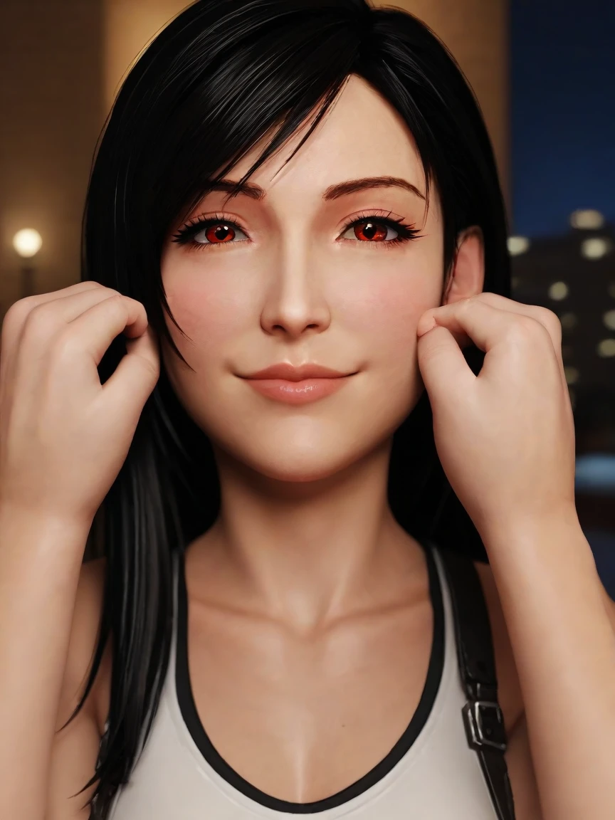 score_9_up, score_8_up, score_7_up, source_3d, blender 3d, detailed 3d, nsfw, detailed body, five fingers, good fingers, Tifa, black hair, long hair, red eyes, Tifa outfit, looking at viewer, pov, realistic, solo focus, soft smile, closed eyes, face focus, close up, solo focus, background bedroom, (at night, dark, blurry background), (realistic, cinematic, high quality, photorealistic, best quality, ultra detailed)