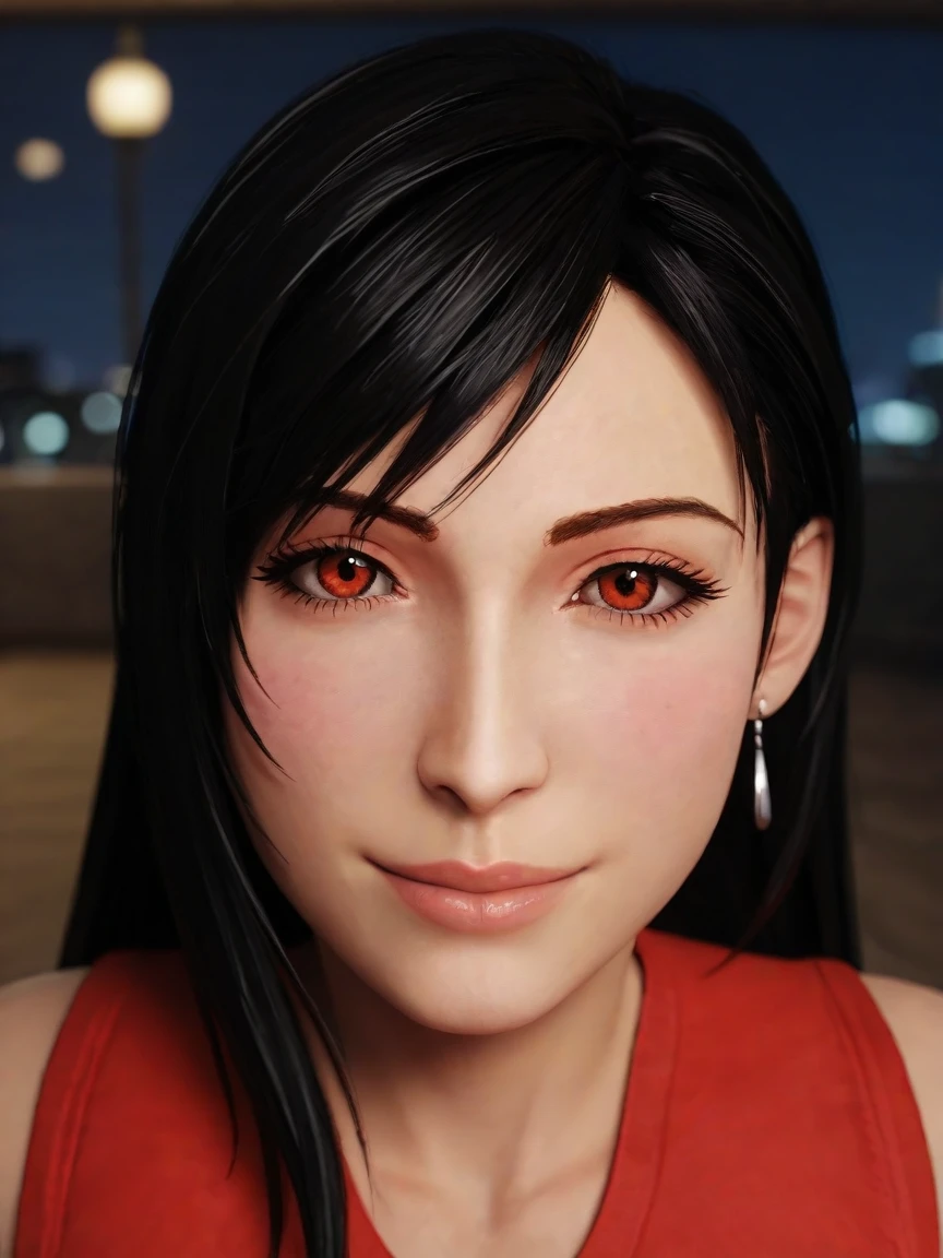 score_9_up, score_8_up, score_7_up, source_3d, blender 3d, detailed 3d, nsfw, detailed body, five fingers, good fingers, Tifa, black hair, long hair, red eyes, Tifa outfit, looking at viewer, pov, realistic, solo focus, soft smile, closed eyes, face focus, close up, solo focus, background bedroom, (at night, dark, blurry background), (realistic, cinematic, high quality, photorealistic, best quality, ultra detailed)
