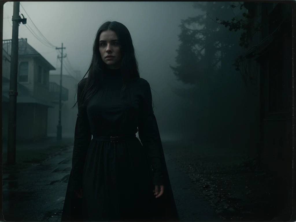 analog, cinematic shot, creepy street, thick fog, a pale woman in a long black dress, winding, dew, dark and mysterious, eerie light, detailed textures, high detail, dark fantasy, haunting, atmospheric, masterpiece quality, Retro, Polaroid, grain and noise
