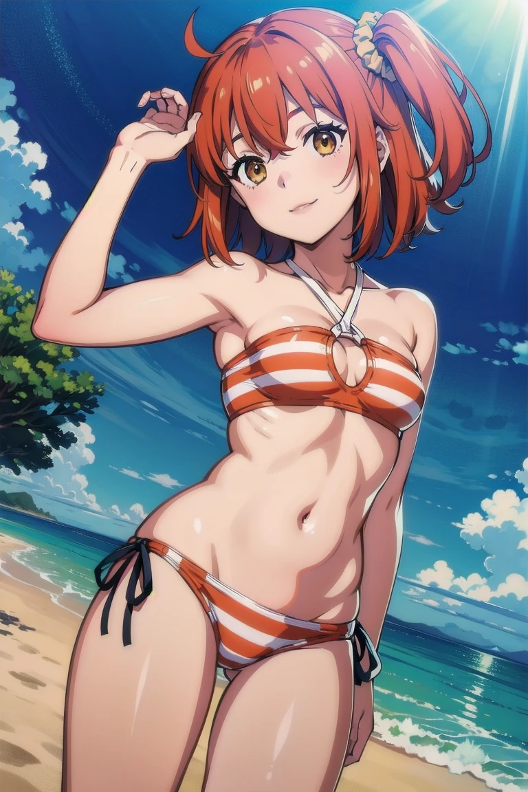 masterpiece、Highest quality、High resolution、Arlituska、short hair、Ahoge、Hair Scrunchie、Orange Scrunchie、((tall。Beautiful breasts、Small breasts))、鬠红、Closed lip makeup、lipstick、(Heavy makeup)、clavicle、Halter neck、Striped bikini、Orange Bikini、O-ring、Waliza、Smile、Beach