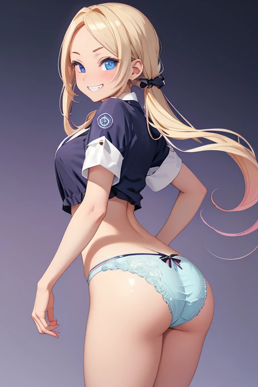 Realistic、1house wife、blonde hair、twin tail, Blue eyes、(eye focus:1.3,face focus),(Gradient eyes:1.3),(sexy panties
)、open mouth,(grin:1.3),forehead,cute face、((Big Ass)),((後ろから振り返った姿))