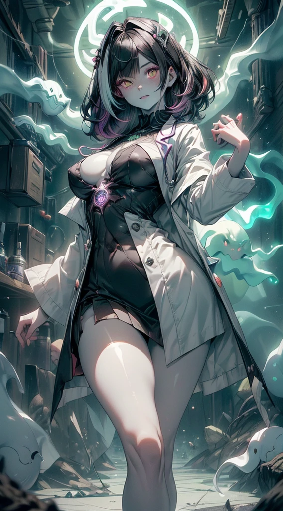 (ghosty:1.85) (doctor:1.5) girl, (white doctor coat:1.4), (spirit, spiritual:1.2), 1girl, perfect and well designed glowing shiny eyes, (beautiful detailed eyes:1.05), natural medium breasts, slim body, beautiful and delicate cute face, (face detail), ((realistic face)), pores, ((pale grey skin)), detailed skin, realistic skin, (((bioluminescence))), ((shiny skin)), (multicolored gradation skin), (monster girl:1.25), human face, medium length hair, hair voluminous, (((((multicolored gradation hair))))), (dark-haired:1.65), super high resolution, 8k, parameters Best quality, (masterpiece:1.4), (magic accessories:1.4), bracelets, extremely detailed thick tight ((dark grey:0.85), (green:1.2), (pink:0.5)) medical outfit, (shirt:1.4), skirt, (standing nipples under cloth:1.2), (neckline:1.3), (cleavage:1.1), decolette, Young Girl, Little Beast, (Smile:0.9), (pale Skin:1.85), ultra detailed, photorealistic, ((Real image)), (best quality:1.4), super high resolution, (Realistic 2.0), More details, (((1girl))), {(medical ward:1.2)|(doctor office:1.2)}, (beautiful and aesthetic:1.2), (fractal art:1.4), (cinematic light:1.1), (DUTCH ANGLE:1.2), (full body:1.5), 16K, HDR, RTX, Ray Tracing, Radiosity, Anisotropic Filtering, Subsurface Scattering, (((magic lights))), metallic reflections, Detailed, Realistic, 4k highly detailed digital art, (cool_color), extremely detailed CG unity 8k wallpaper, vibrant colors, (seductive pose:1.6)