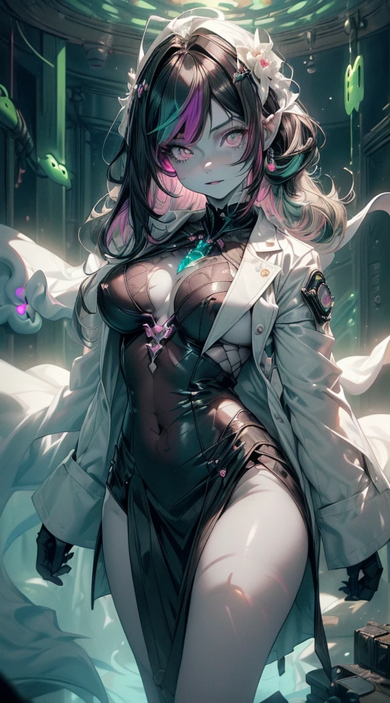 (ghosty:1.85) (doctor:1.5) girl, (white doctor coat:1.4), (spirit, spiritual:1.2), 1girl, perfect and well designed glowing shiny eyes, (beautiful detailed eyes:1.05), natural medium breasts, slim body, beautiful and delicate cute face, (face detail), ((realistic face)), pores, ((pale grey skin)), detailed skin, realistic skin, (((bioluminescence))), ((shiny skin)), (multicolored gradation skin), (monster girl:1.25), human face, medium length hair, hair voluminous, (((((multicolored gradation hair))))), (dark-haired:1.65), super high resolution, 8k, parameters Best quality, (masterpiece:1.4), (magic accessories:1.4), bracelets, extremely detailed thick tight ((dark grey:0.85), (green:1.2), (pink:0.5)) medical outfit, (shirt:1.4), skirt, (standing nipples under cloth:1.2), (neckline:1.3), (cleavage:1.1), decolette, Young Girl, Little Beast, (Smile:0.9), (pale Skin:1.85), ultra detailed, photorealistic, ((Real image)), (best quality:1.4), super high resolution, (Realistic 2.0), More details, (((1girl))), {(medical ward:1.2)|(doctor office:1.2)}, (beautiful and aesthetic:1.2), (fractal art:1.4), (cinematic light:1.1), (DUTCH ANGLE:1.2), (full body:1.5), 16K, HDR, RTX, Ray Tracing, Radiosity, Anisotropic Filtering, Subsurface Scattering, (((magic lights))), metallic reflections, Detailed, Realistic, 4k highly detailed digital art, (cool_color), extremely detailed CG unity 8k wallpaper, vibrant colors, (seductive pose:1.6)