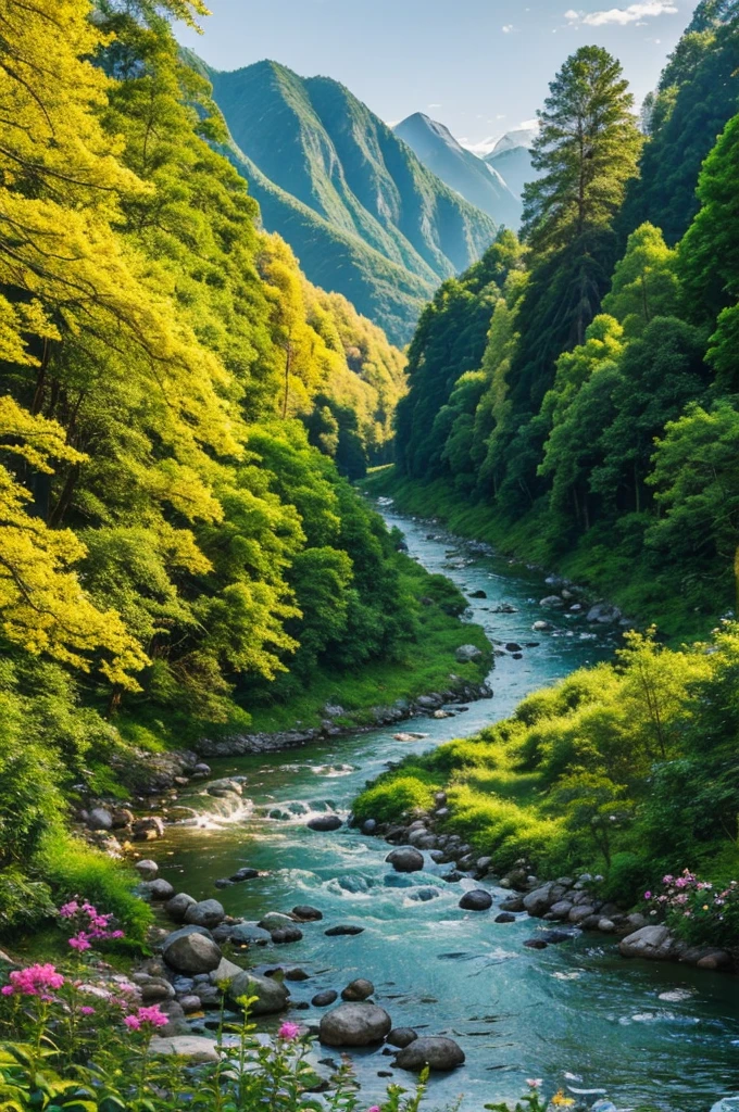 "Aesthetic natural landscape, beautiful scenery, lush greenery, serene river flowing through the forest, vibrant flowers blooming, golden sunlight filtering through the trees, picturesque mountains in the background, tranquil and peaceful atmosphere."