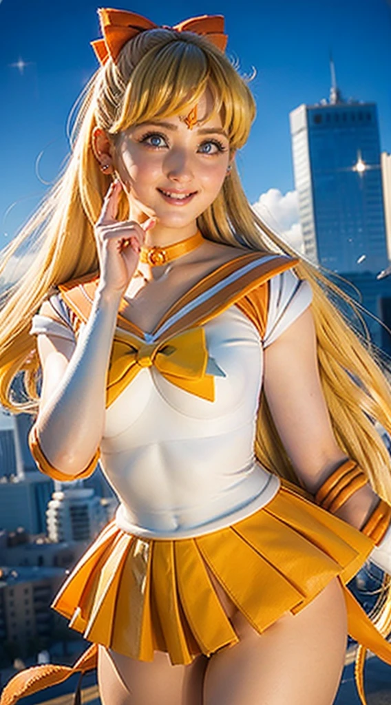 masterpiece, Highest quality, High resolution, Venus 1, One girl, alone, Sailor Warrior Uniform, Sailor Venus, aino minako, Blonde, Magical girl, blue eyes, Orange Skirt, Elbow hand pockets, tiara, Pleated skirt, Hair Ribbon, Orange sailor collar, mini skirt, choker, Red Bow, orange choker, White gloves, Very long hair,  jewelry,  Earrings, Cowboy Shot, smile,,More detailed 8K.Unreal Engine:1.4,超High resolution,La Highest quality:1.4, Realistic:1.4, Skin Texture:1.4, masterpiece:1.8,first work, Highest quality,Object Object], (Detailed facial features:1.3),(Fine hand:1.4),(Apocalyptic destroyed cityscape:1.4), (Sailor Venus:1.4)