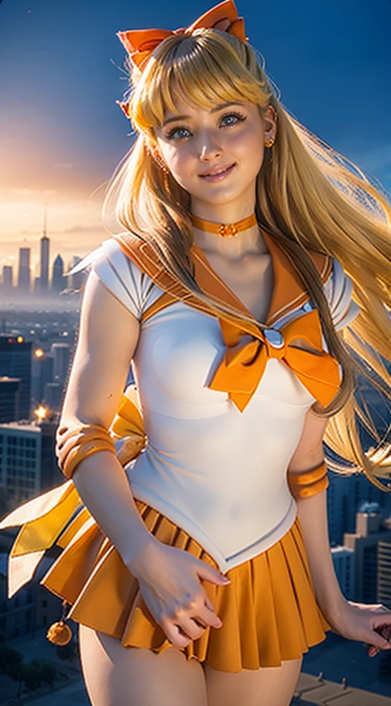 masterpiece, Highest quality, High resolution, Venus 1, One girl, alone, Sailor Warrior Uniform, Sailor Venus, aino minako, Blonde, Magical girl, blue eyes, Orange Skirt, Elbow hand pockets, tiara, Pleated skirt, Hair Ribbon, Orange sailor collar, mini skirt, choker, Red Bow, orange choker, White gloves, Very long hair,  jewelry,  Earrings, Cowboy Shot, smile,,More detailed 8K.Unreal Engine:1.4,超High resolution,La Highest quality:1.4, Realistic:1.4, Skin Texture:1.4, masterpiece:1.8,first work, Highest quality,Object Object], (Detailed facial features:1.3),(Fine hand:1.4),(Apocalyptic destroyed cityscape:1.4), (Sailor Venus:1.4)