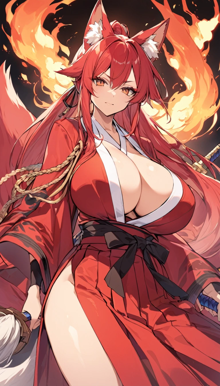 Long red ponytail Red fox ears and nine fox tails Very large bust Hakama with a red jacket Sword Flames Older sister