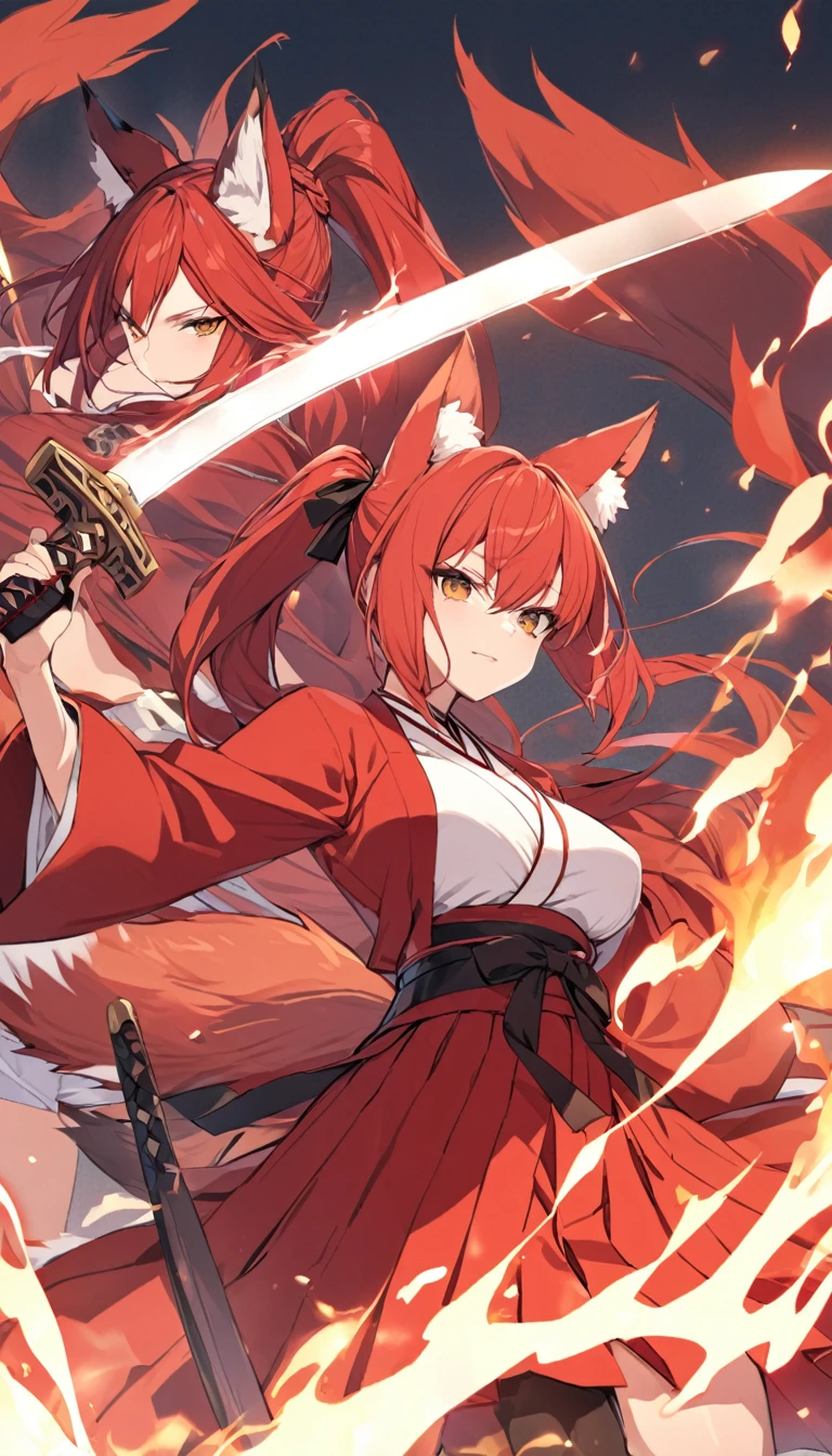 Red long ponytail、Fox ears and nine fox tails of the same color as her hair、A sword with a burning blade、A man wearing a red jacket and hakama、Very large bust、Cherry blossoms and flames scatter、