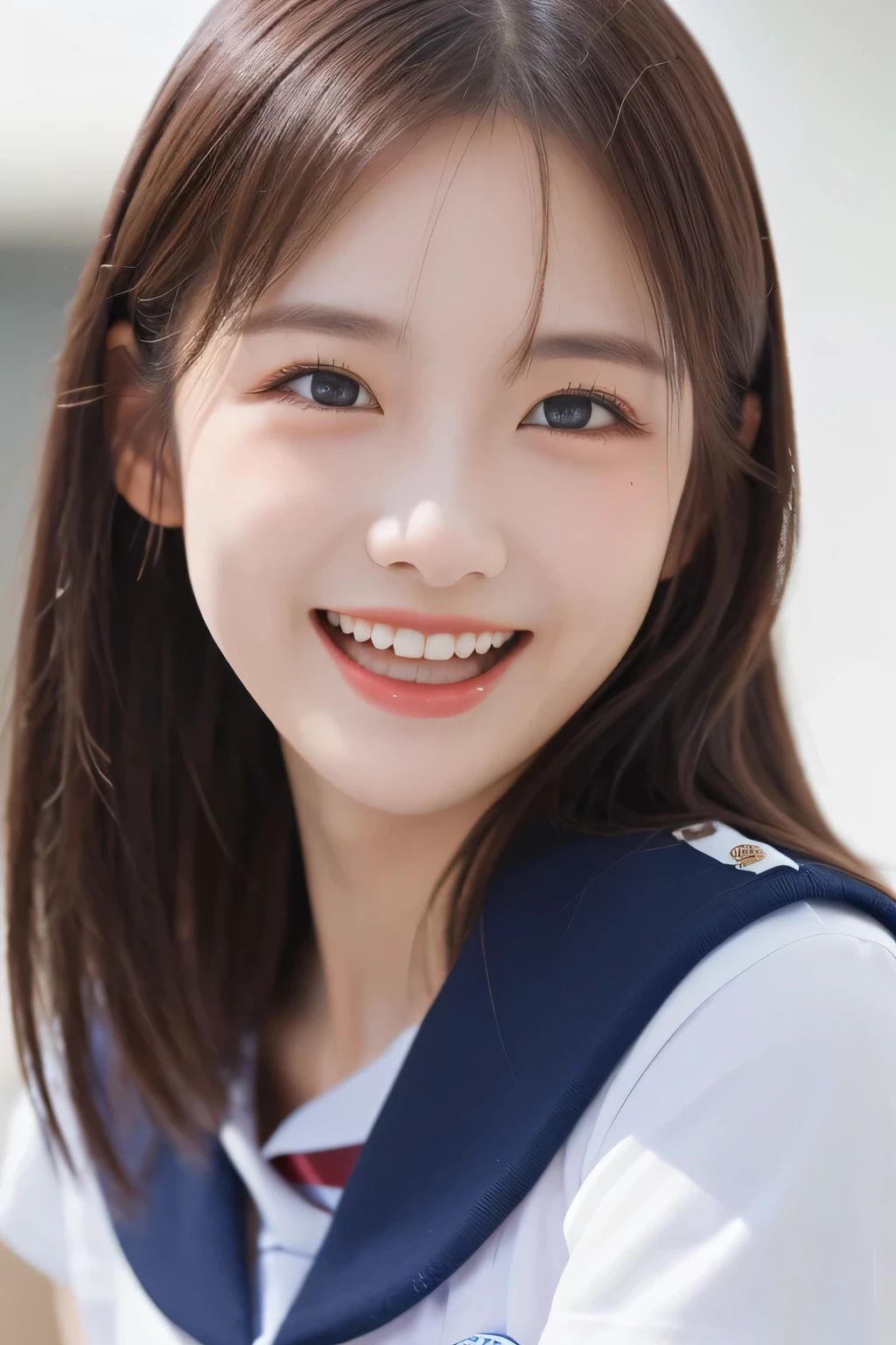 (Reach out:1.3), (beautiful girl:1.3), , (Highest quality:1.4), (Very detailed), (Very detailedな顔と目), Short sleeve, (school uniform:1.5),(Laughing with your mouth open:1.3), Great face and eyes, iris, Medium Hair, The Beauty of Japan, (Skinny body type:1.3), (Flat Chest:1.3), Smooth, Very detailed CG synthesis 8k wallpaper, High-resolution RAW color photos, Professional photography, Light, BackLight, dream-like, impressive, Written boundary depth, (Face close-up:1.5), (Shoot from the front:1.2), (White background:1.3)