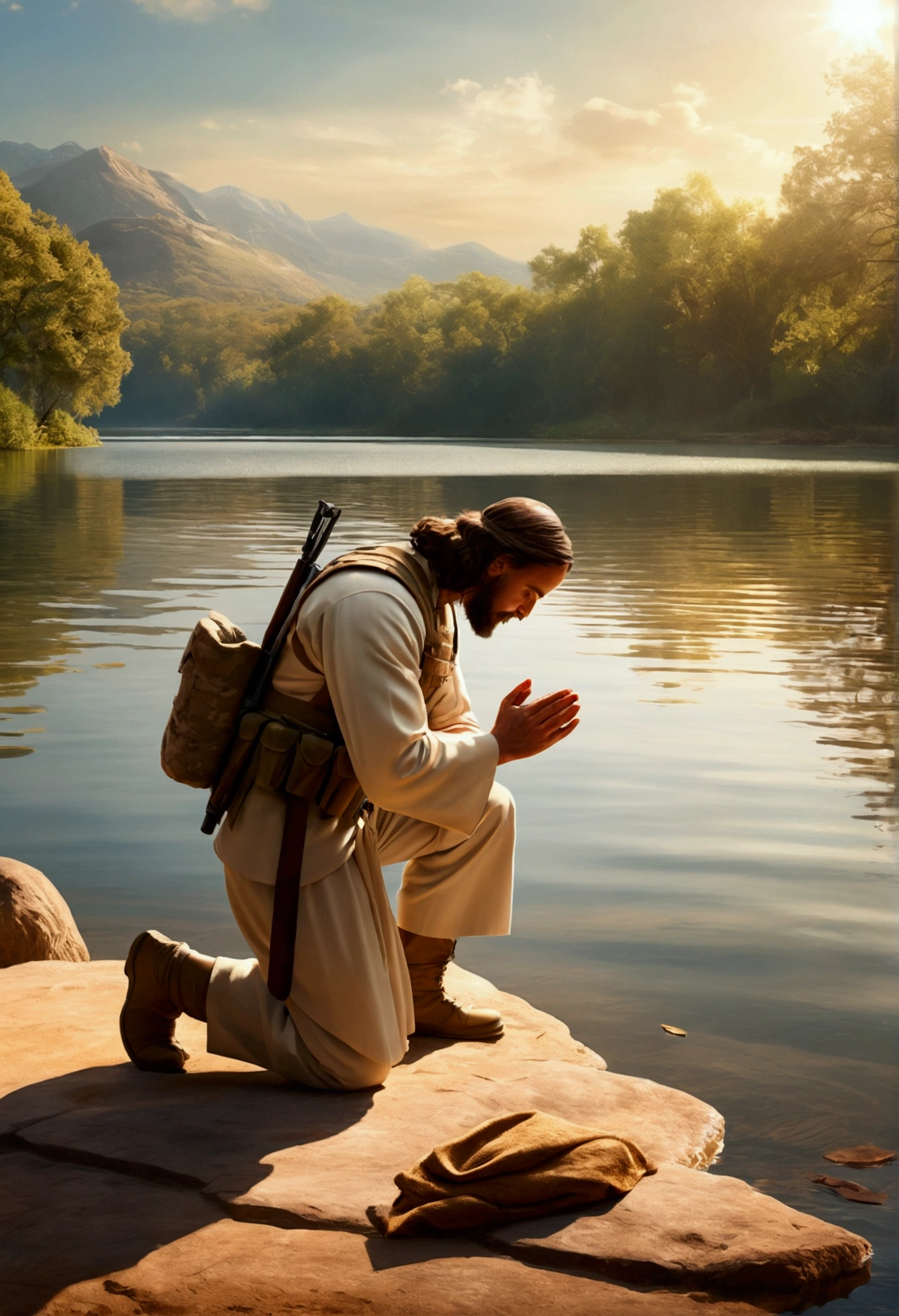 a soldier kneeling before Jesus Christ in front of a lake, where Jesus is blessing the soldier with his divine hands,illustration,high qualiy,ultra detali,realisitic,portraite,Military,warrior,Kneeling posture,faith,Have hope,humility,sacred moment,serenidade,sunlit background,rippling water,reflection,miraculous atmosphere,Warm Color Palette,soft lighting