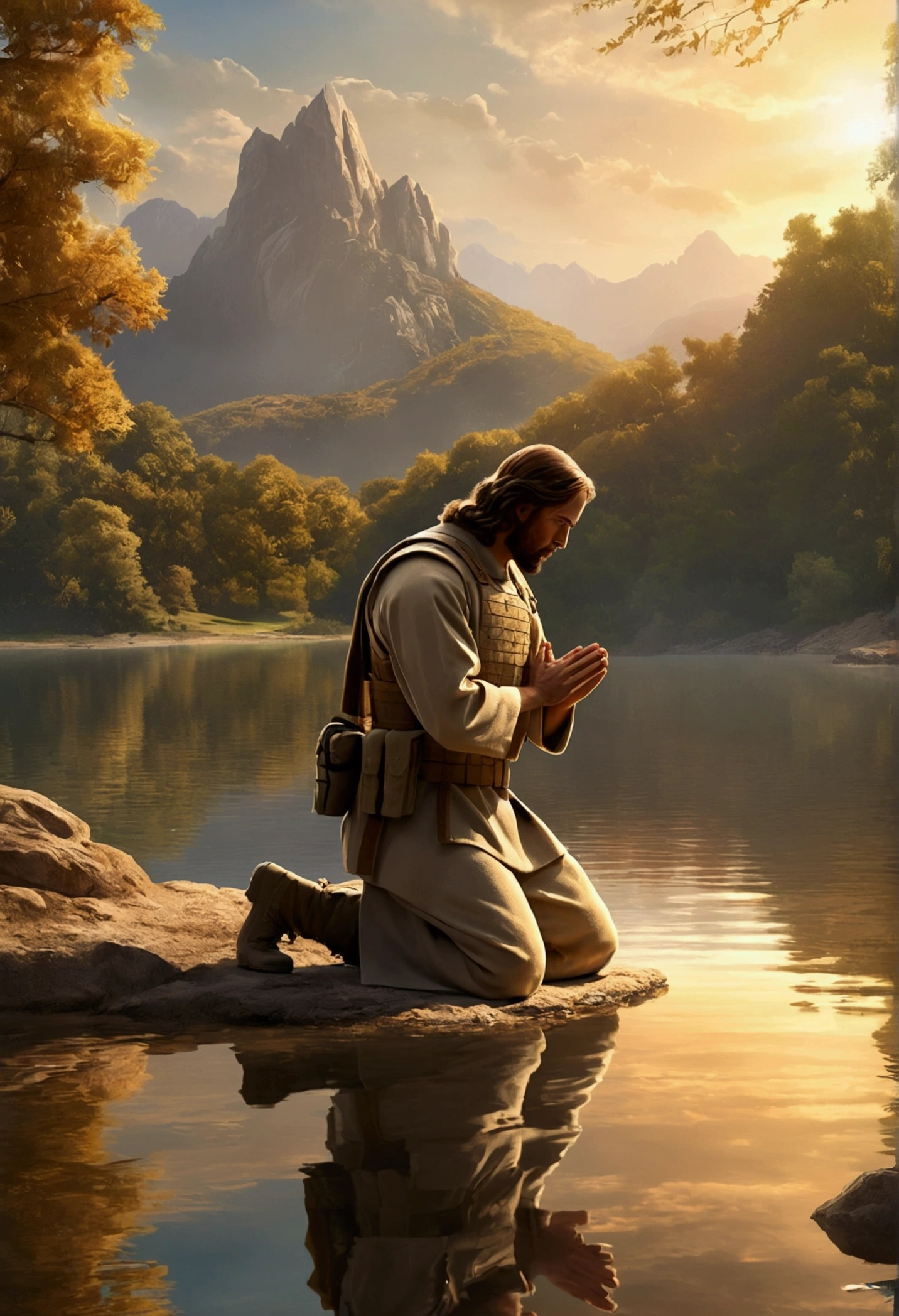 a soldier kneeling before Jesus Christ in front of a lake, where Jesus is blessing the soldier with his divine hands,illustration,high qualiy,ultra detali,realisitic,portraite,Military,warrior,Kneeling posture,faith,Have hope,humility,sacred moment,serenidade,sunlit background,rippling water,reflection,miraculous atmosphere,Warm Color Palette,soft lighting