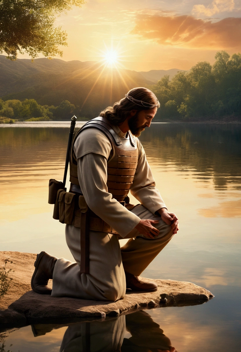 a soldier kneeling before Jesus Christ in front of a lake, where Jesus is blessing the soldier with his divine hands,illustration,high qualiy,ultra detali,realisitic,portraite,Military,warrior,Kneeling posture,faith,Have hope,humility,sacred moment,serenidade,sunlit background,rippling water,reflection,miraculous atmosphere,Warm Color Palette,soft lighting