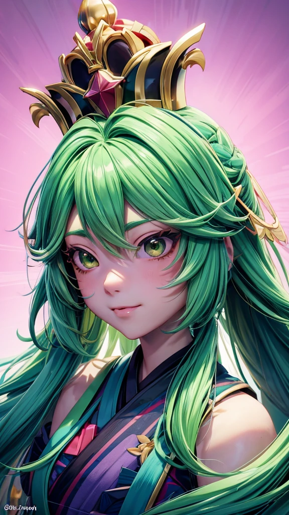 Anime girl with green hair and a crown on her head., Moe anime art style, cara de Ahegao, Ahegao, Kawaii realistic portrait, ig studios anime style, anime style portrait, anime waifu, discord profile picture, stylized anime, Retrato onmyoji, cute anime face, animated art style, visual anime of a cute girl, anime art style