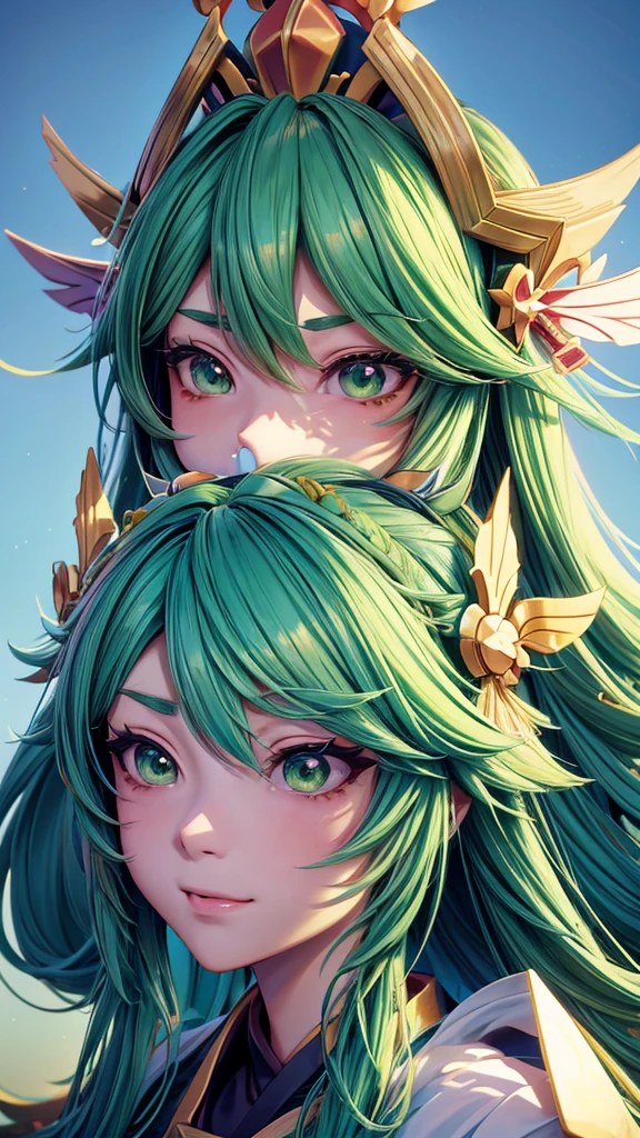 Anime girl with green hair and a crown on her head., Moe anime art style, cara de Ahegao, Ahegao, Kawaii realistic portrait, ig studios anime style, anime style portrait, anime waifu, discord profile picture, stylized anime, Retrato onmyoji, cute anime face, animated art style, visual anime of a cute girl, anime art style
