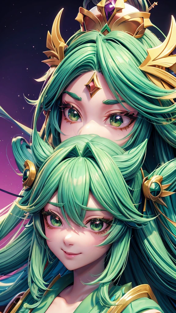 Anime girl with green hair and a crown on her head., Moe anime art style, cara de Ahegao, Ahegao, Kawaii realistic portrait, ig studios anime style, anime style portrait, anime waifu, discord profile picture, stylized anime, Retrato onmyoji, cute anime face, animated art style, visual anime of a cute girl, anime art style