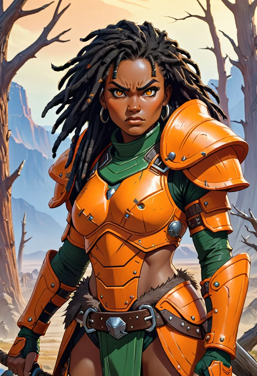  close up of African woman with (short black dreadlocks), short black hair pulled back, wearing a (heavy orange mechanical armor:1.3), chipped paint (orange power armor covering her chest and arms), (orange breast plate:1.1) with large (round orange shoulder pads:1.1), fur trim, dark green tight undersuit. (detailed eyes, detailed face), dark skin. (barbarian fur trim:1.3), (fur belt, fur boots). Badlands background with dead trees. super high quality, super high detail, masterpiece, 4k, 8k, HDR, masters of the universe. Frowning expression, serious expression, glaring at the camera, (swinging a mace:1.2), dynamic action pose, exaggerated pose, holding mace, fighting stance, from above, cowboy shot, looking up,(fighting, attacking), doing battle, swinging weapon at an opponent