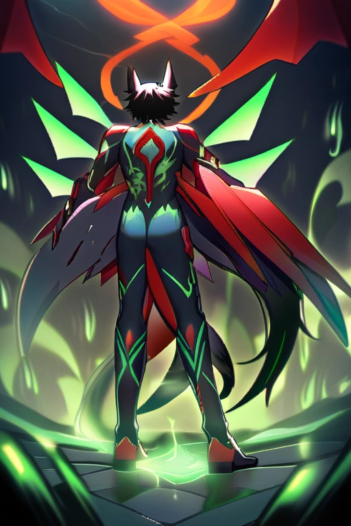 Black-haired boy with fox ears and tail surrounded by green flames with red wings on his back Red eyes, full body worked