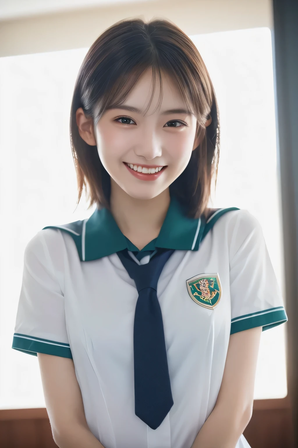 highest quality, masterpiece, ultra high resolution, (realistic:1.4), RAW photo, 1 girl,short bob hair, shiny skin, dramatic lighting, whole body,school classroom,Japanese, Full raw body, showing all charms,Football Stadium、smile、high school uniform、Dark green blazer、red tie