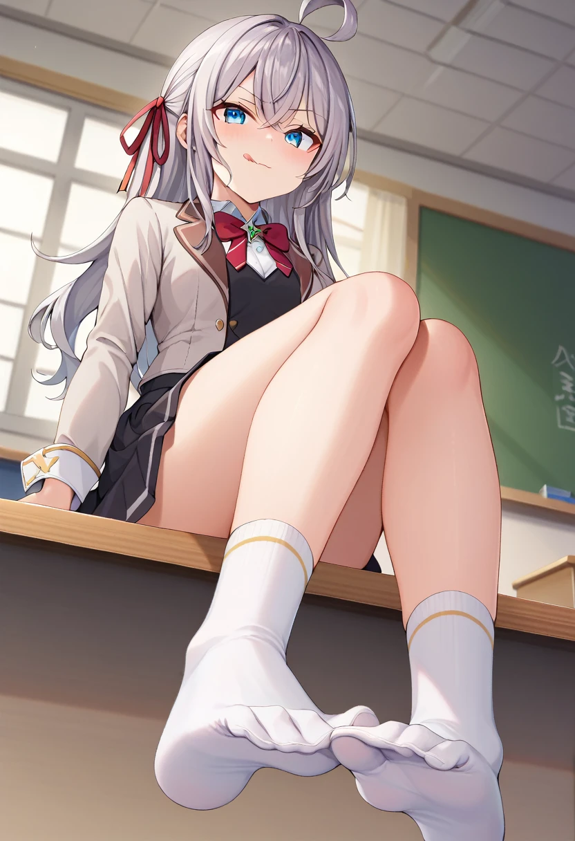 score_9, score_8_superior, score_7_superior, sauce_anime, One girl, Aria, Grey Hair, Long Hair, Ahoge, Hair Ribbon, blue eyes, , bow tie, Black Skirt, White knee socks, Sitting, テーブルのsuperiorに, Feet Focus, Mischievous face, Licking lips, View your viewers, From below, classroom 