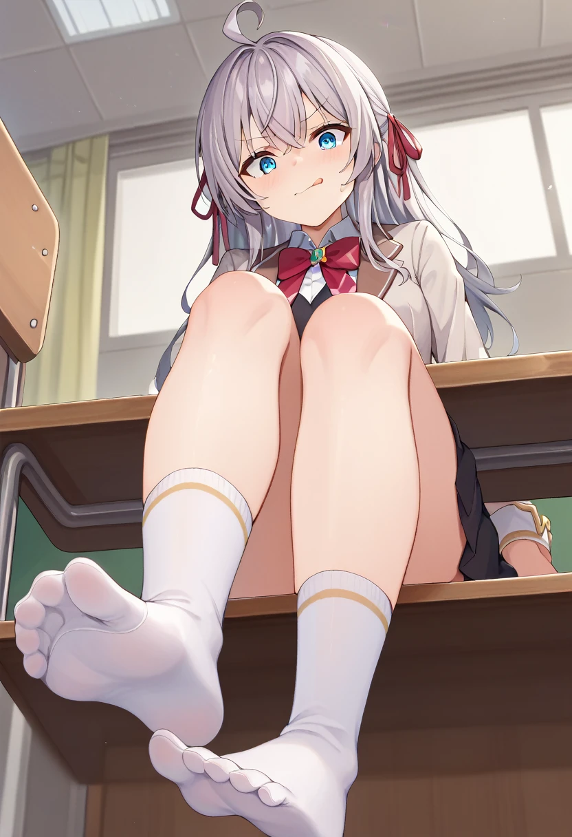 score_9, score_8_superior, score_7_superior, sauce_anime, One girl, Aria, Grey Hair, Long Hair, Ahoge, Hair Ribbon, blue eyes, , bow tie, Black Skirt, White knee socks, Sitting, テーブルのsuperiorに, Feet Focus, Mischievous face, Licking lips, View your viewers, From below, classroom 