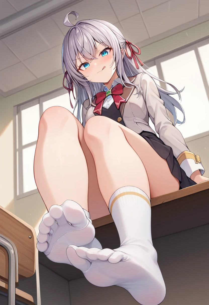 score_9, score_8_superior, score_7_superior, sauce_anime, One girl, Aria, Grey Hair, Long Hair, Ahoge, Hair Ribbon, blue eyes, , bow tie, Black Skirt, White knee socks, Sitting, テーブルのsuperiorに, Feet Focus, Mischievous face, Licking lips, View your viewers, From below, classroom 