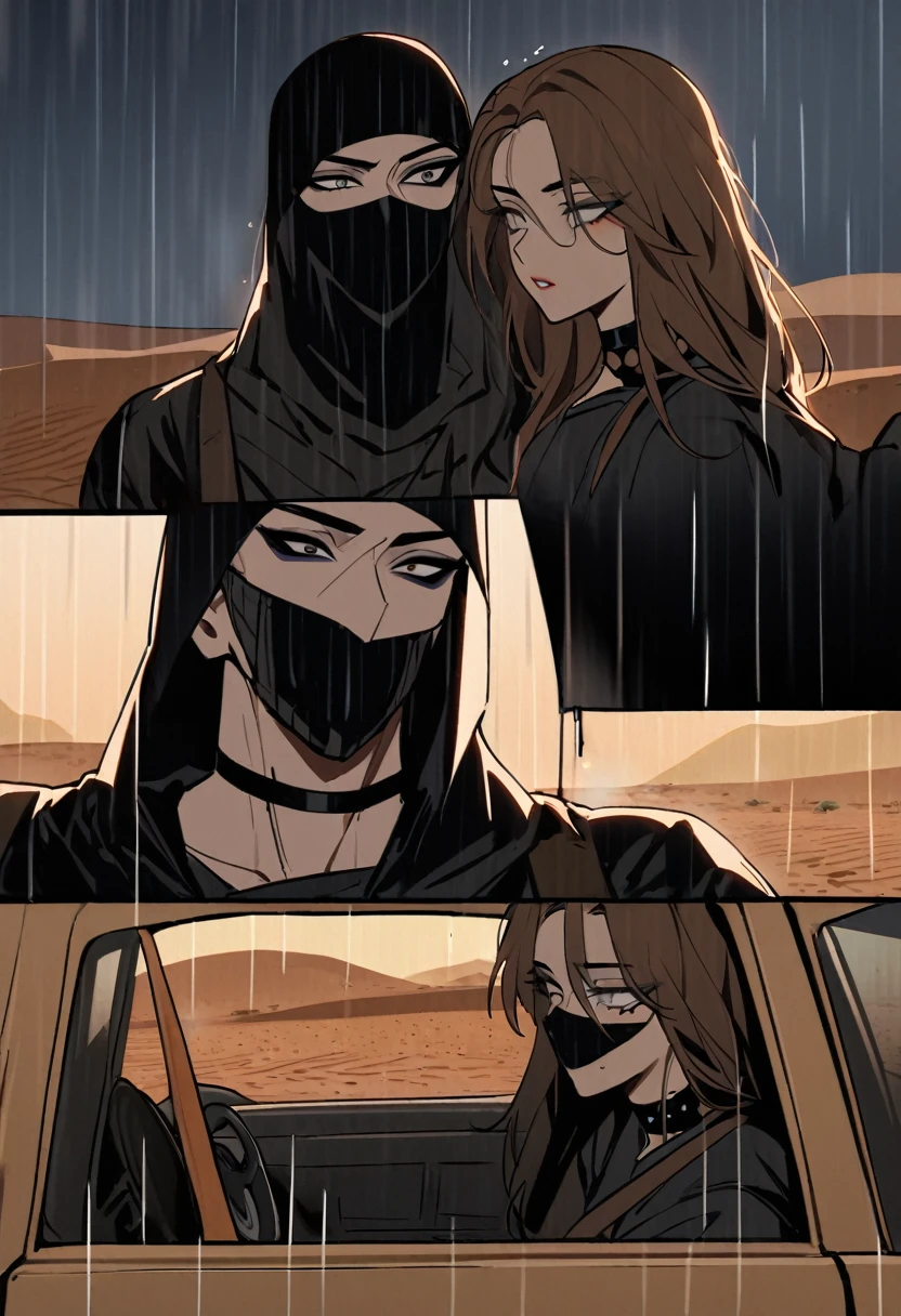 Male arab modern terrorist, terrorist, black balaclava, black bandage, white eyes, black clothes, thin waist, femboy, light skin, makeup, black eyeliner, big eyelashes, black eyeshadow, choker, inside the car, desert, night, rain, hetero duo, 1girl, brown long hair girl, girl without a mask, makeup