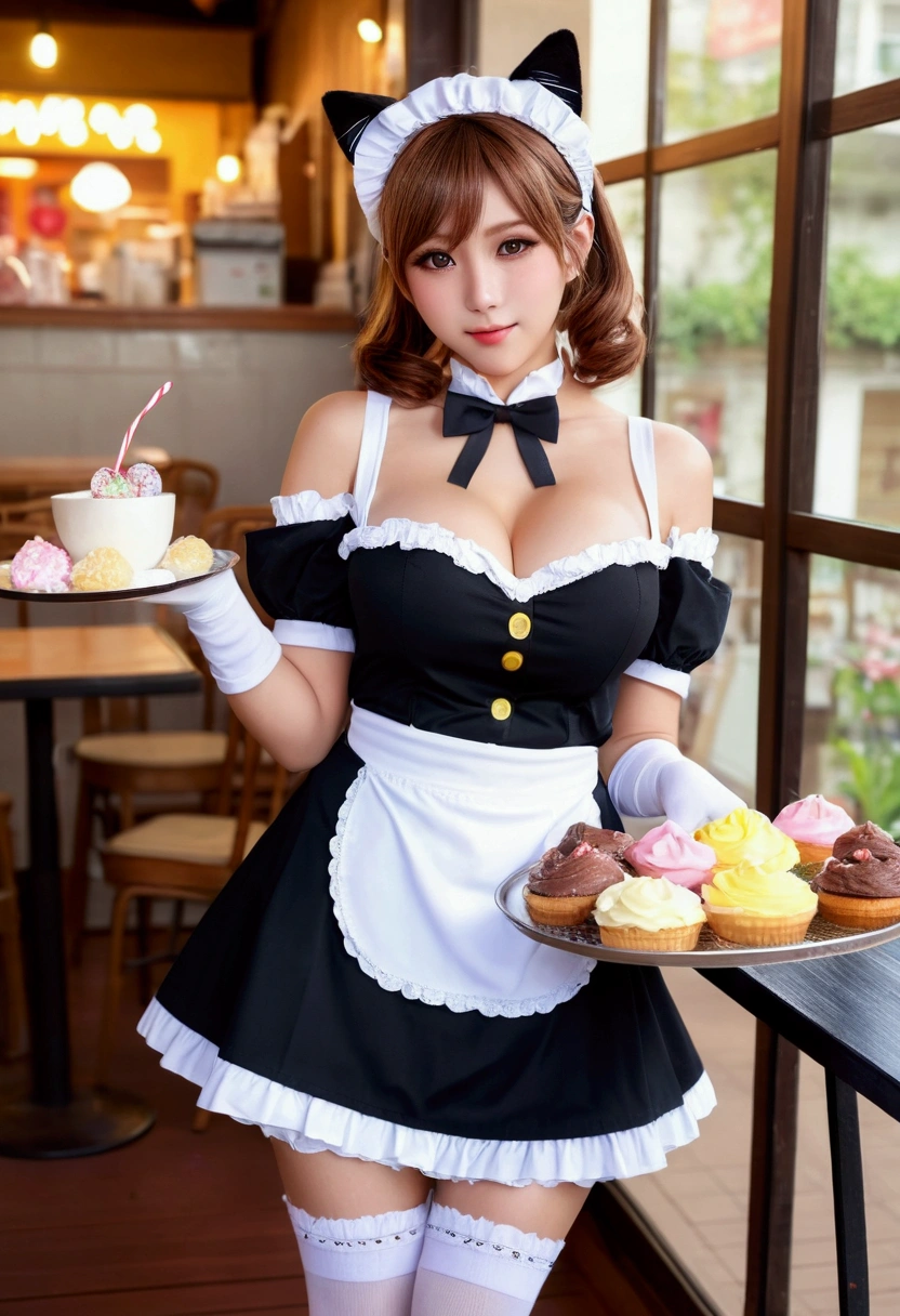 ((big breasts:1.2))、beautiful light up、brown hair color、dull bangs、off shoulder、sexy maid outfit、((revealing clothes))、(Cat ear maid headband)、knee high socks、Fair skin、sexy pose、cafe terrace、(Holding a tray with sweets on it)、big nipples showing, nude breasts