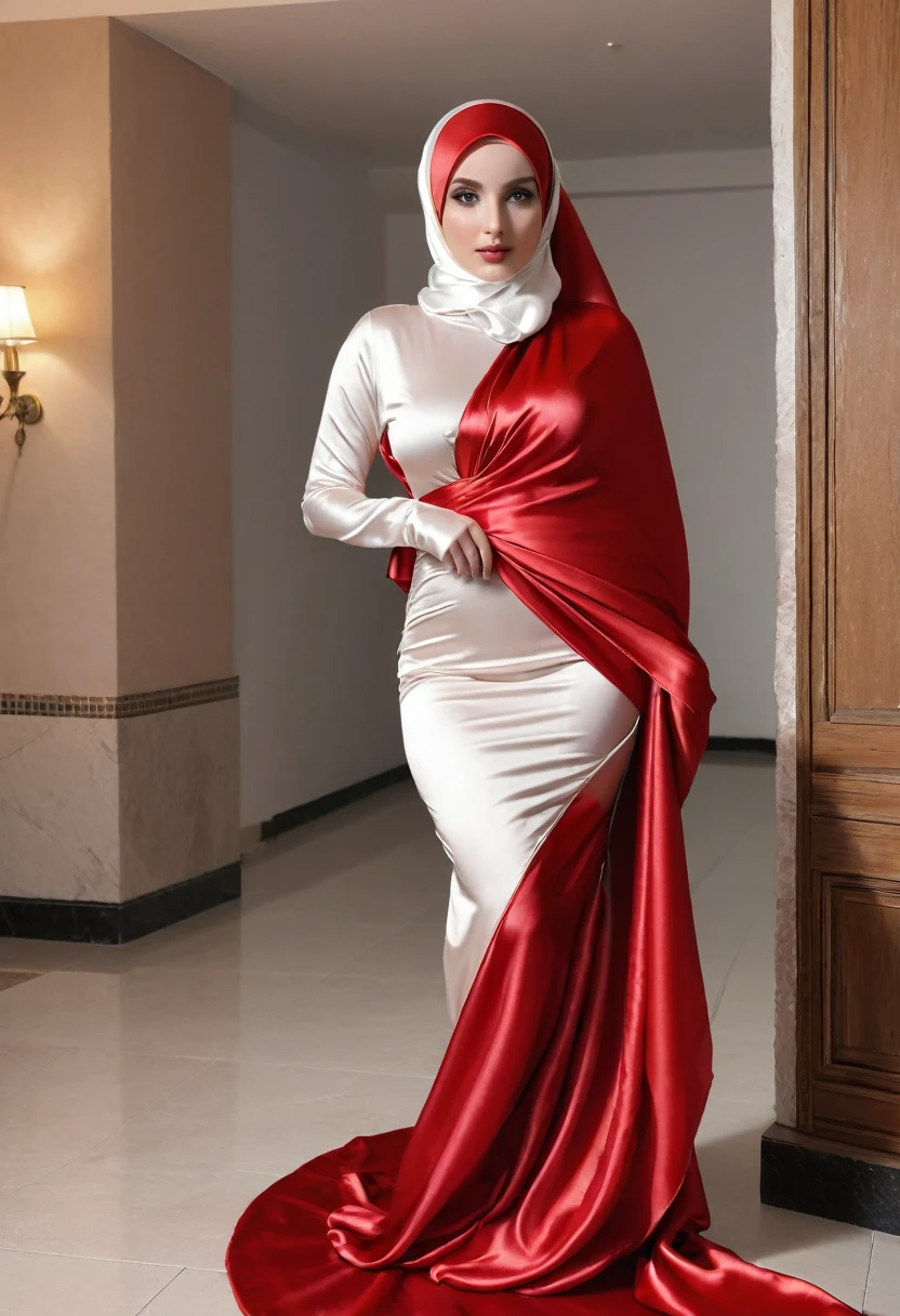 a sexy a woman covered in large red satin cloth, tied tight with the satin cloth, mummified in satin, very long under gown, tight gowm in leg, a mermaid style gown, wearing a satin hijab, the satin gowb is very long, forming the curve of the body,strugle to move,full body,masterpice, 4k resolution, ultra-realistic, highly detail.