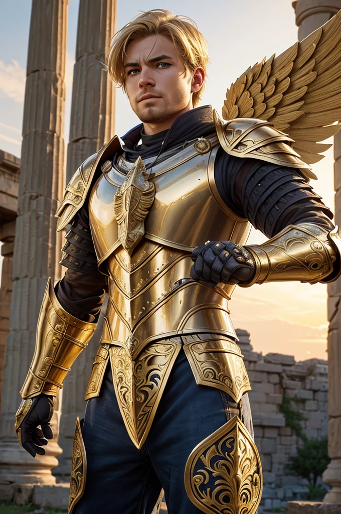 best quality bust shot photo of an heroic man, in medieval armor with short blonde hair, near a ancient greek temple at sunset. (full body armor), (detailed armor, golden armor, high quality), (wings armor) (ornate armor), (gauntlets on hands), (hdr), (noble), inspiring, film grain, cinematic lighting, (hight detailed skin),