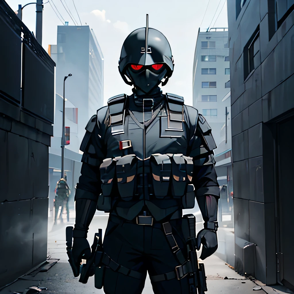 (male) , (face_covered_by_full_face_bone_mask) , (muscular_body) , (wears_black_bulletproof_vest) , (details_black_bulletproof_vest) , (standing_at_corrupt_builtdings) , (wears_military_helmet) , (holding_assault_rifle)