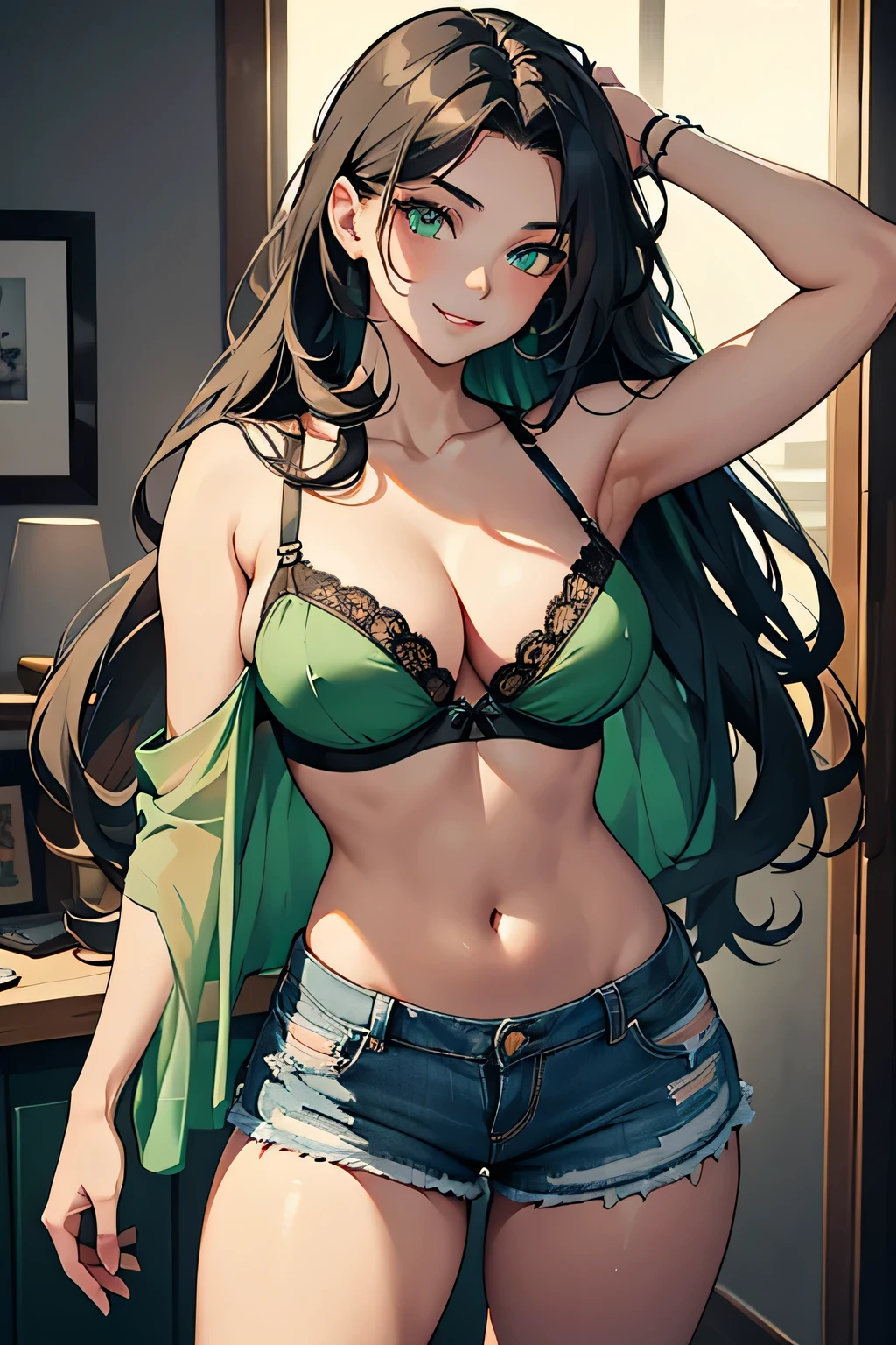 Amazing portrait of a sexy woman playing with her long wavy luscious hair seductively gazing with her eyes emphasized by some smokey eyeliner as she seductively smiles at us wearing a green padded bra layered with a sheer shrug and denim shorts giving off a "girl-next-door" vibe