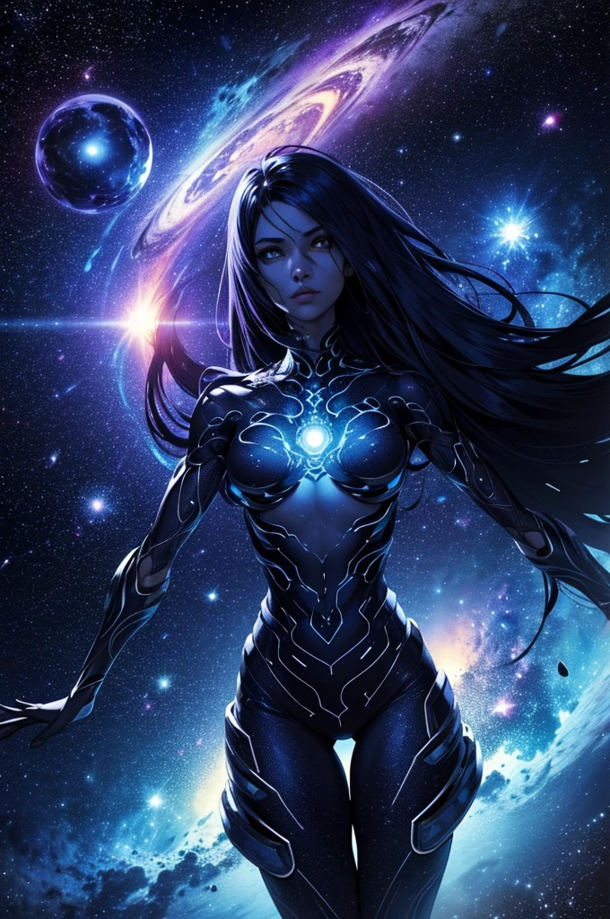 "cosmic entity": um ser com quatro olhos brilhantes, multiple arms, A breathtaking view from space reveals a twisted galaxy filled with strange life forms and entities that humans understand. Planet with night sky, fenda, leviathan, 8k, lindo, dramatic scene, buraco negro, void, woman, female