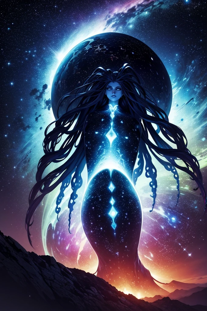 Goddess, dramatic pose, cosmic tone, galaxy skin color, breasts are swirling galaxies, glowing, bright light inside vagina, full body image, close range, spreading vagina with her hands