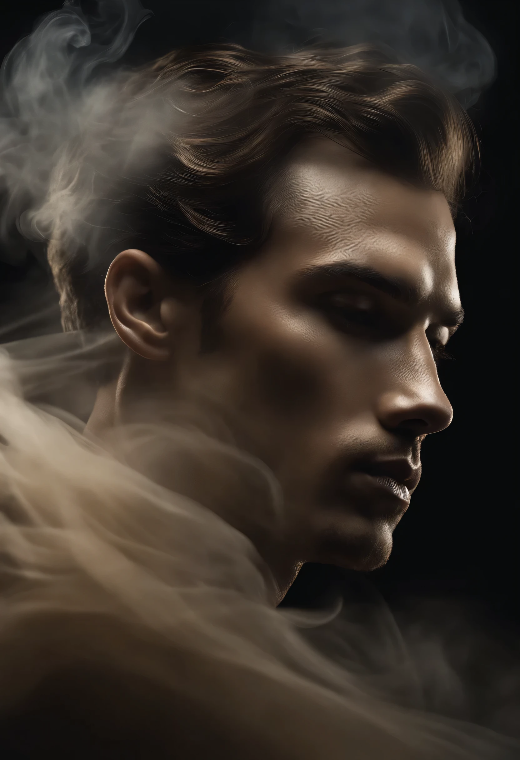 ethereal photo of the face of a man looking to the right, emerging from swirling strokes of smoke and vapors, style of Peter Lindbergh, intricate artwork masterpiece, ominous, golden ratio, trending on cgsociety, intricate, epic, trending on artstation, by artgerm, highly detailed, vibrant, production cinematic character render, ultra high quality model