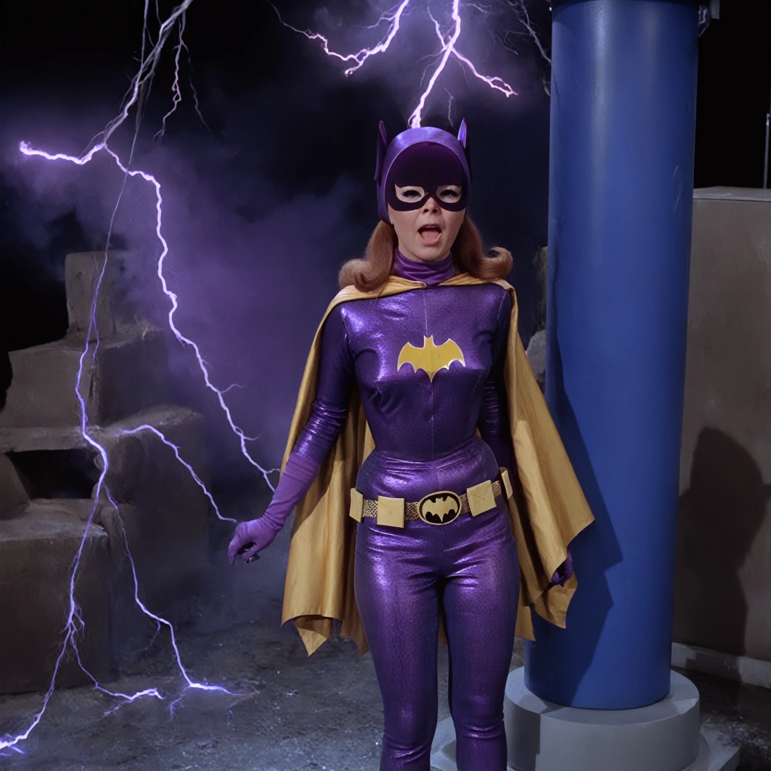 yvonne craig woman, she is trapped inside a big glass tube, attacked by blue lightnings wich shocks yvonne body causing sparks on her puprple outfit. she is standing in pain with her shoulders shrugged, screaming with her eyes wide open looking to camera, she is in pain, we see her injures, 60's style, analog film,, on a lab, medium shot