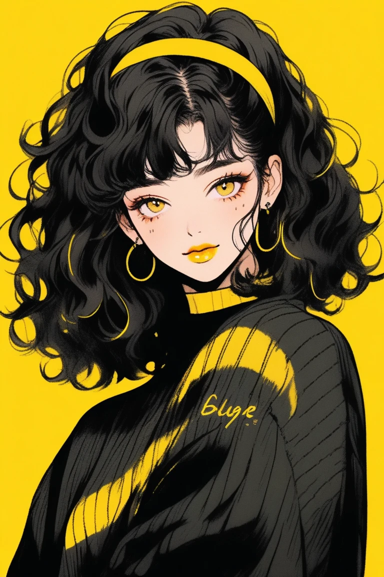 (best quality, sketch:1.2),realistic,illustrator,anime,1 girl, detailed lips, sweater, custom, yellow gradient background, neon hair, Dark Yellow hair, short curly hair, blunt bangs, wearing a hair band, calm, gentle smile, delicate, textured cropping, masterpiece, style retro classic, noir dark 