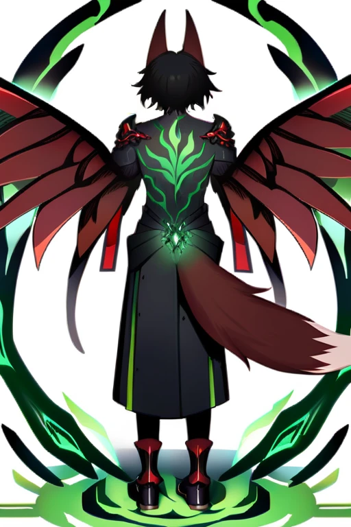 Black-haired boy with fox ears and tail surrounded by green flames with red wings on his back Red eyes, full body worked from the front
