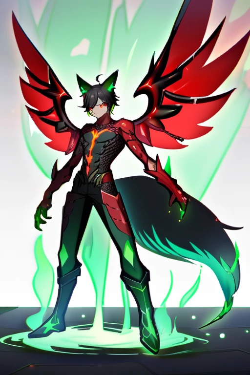 Black-haired boy with fox ears and tail surrounded by green flames with red wings on his back Red eyes, full body worked from the front