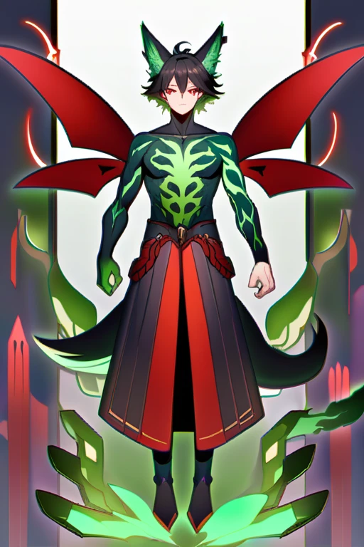 Black-haired boy with fox ears and tail surrounded by green flames with red wings on his back Red eyes, full body worked from the front