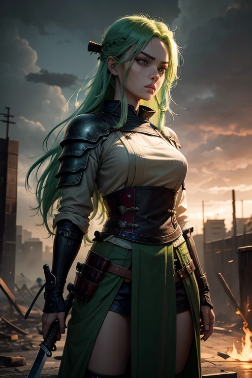 1 girl with green hair and amber eyes, modest clothing, swordswoman in a zombie apocalypse, detailed face and eyes, beautiful girl, long flowing green hair, amber eyes, samurai armor, katana sword, post-apocalyptic setting, ruined city, cloudy sky, debris, best quality, 8k, highres, masterpiece, photorealistic, cinematic lighting, dramatic shadows, vibrant colors