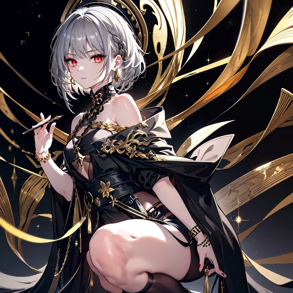 8k,High resolution RAW color art,Anime Art,Silver Marble Skin, (((Very detailed and cool))), Detailed skin, Bokeh、texture,(Exquisitely crafted, The finer details, Ultra-detailed art), (((1 girl))), Depth of written boundary, Silky Touch, Hyper Detail, (((Cool face))), eye shadow、Armed women, Beautiful detailed red eyes, Beautiful lip detail, Highly detailed face, Delicate depiction of hair and eyes, Detailed Fashion, Golden Earrings,Full body depiction, Black half top、(((Shoulder Bare)))、Black shorts、Waist Cloak、black tights、Golden decoration, Grey Hair, Golden bracelet, Straight Hair、Short Hair、(((Hair)))、Simple Background、(((Black theme)))、snow、Side view、squat、look down、cloth、Clear face