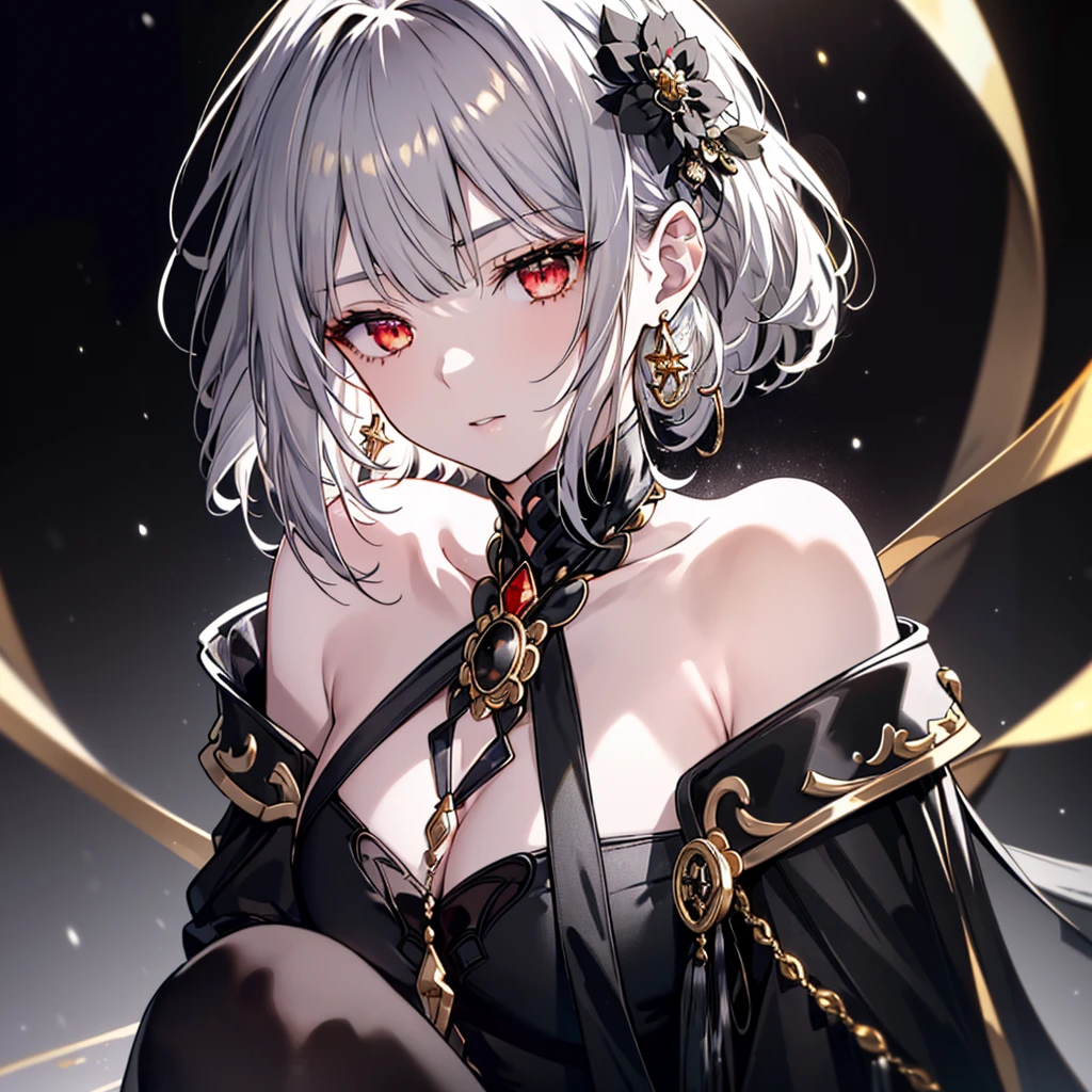 8k,High resolution RAW color art,Anime Art,Silver Marble Skin, (((Very detailed and cool))), Detailed skin, Bokeh、texture,(Exquisitely crafted, The finer details, Ultra-detailed art), (((1 girl))), Depth of written boundary, Silky Touch, Hyper Detail, (((Cool face))), eye shadow、Armed women, Beautiful detailed red eyes, Beautiful lip detail, Highly detailed face, Delicate depiction of hair and eyes, Detailed Fashion, Golden Earrings,Full body depiction, Black half top、(((Shoulder Bare)))、Black shorts、Waist Cloak、black tights、Golden decoration, Grey Hair, Golden bracelet, Straight Hair、Short Hair、(((Hair)))、Simple Background、(((Black theme)))、snow、Side view、squat、look down、cloth、Clear face