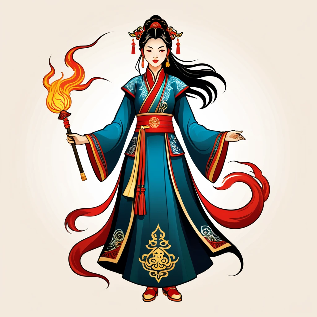 female sorcerer in chinese folk outfit, vector graphics, strong contours, logo design