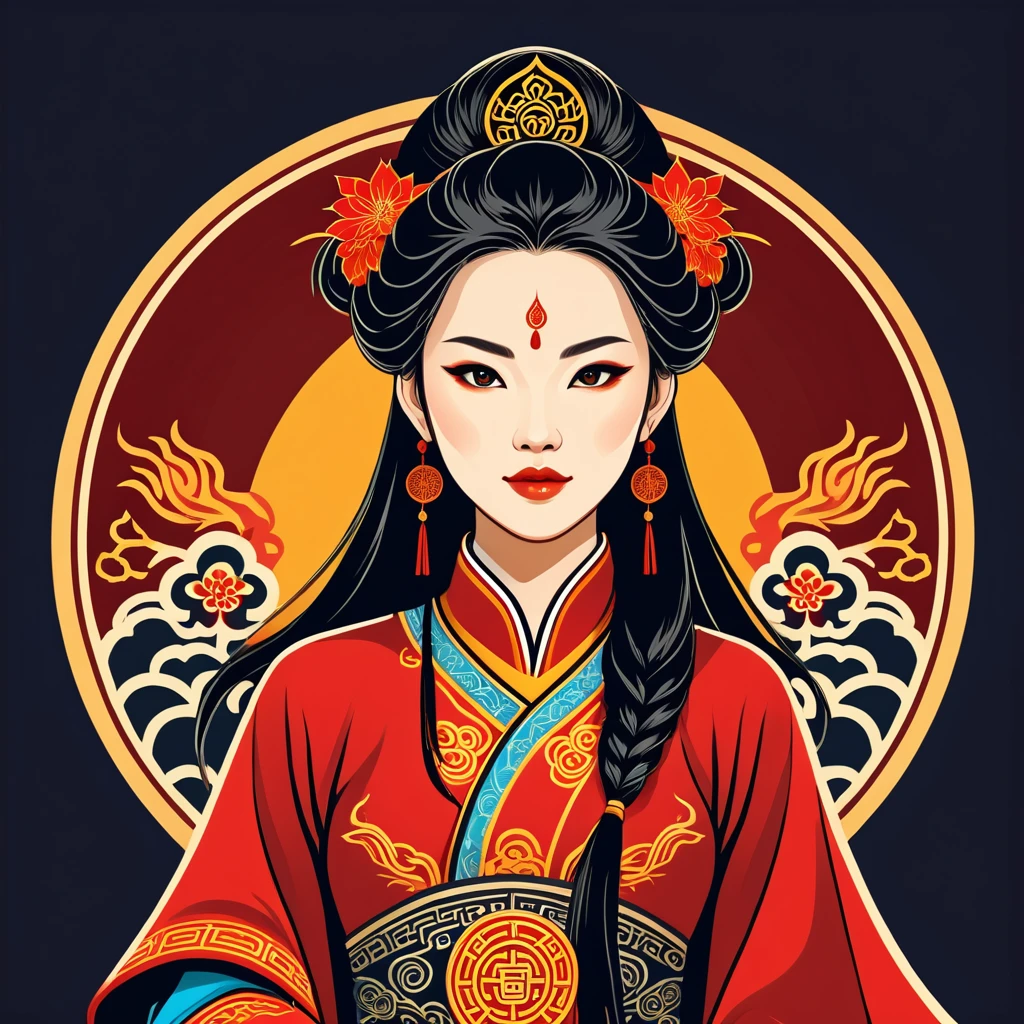 female sorcerer in chinese folk outfit, vector graphics, strong contours, logo design