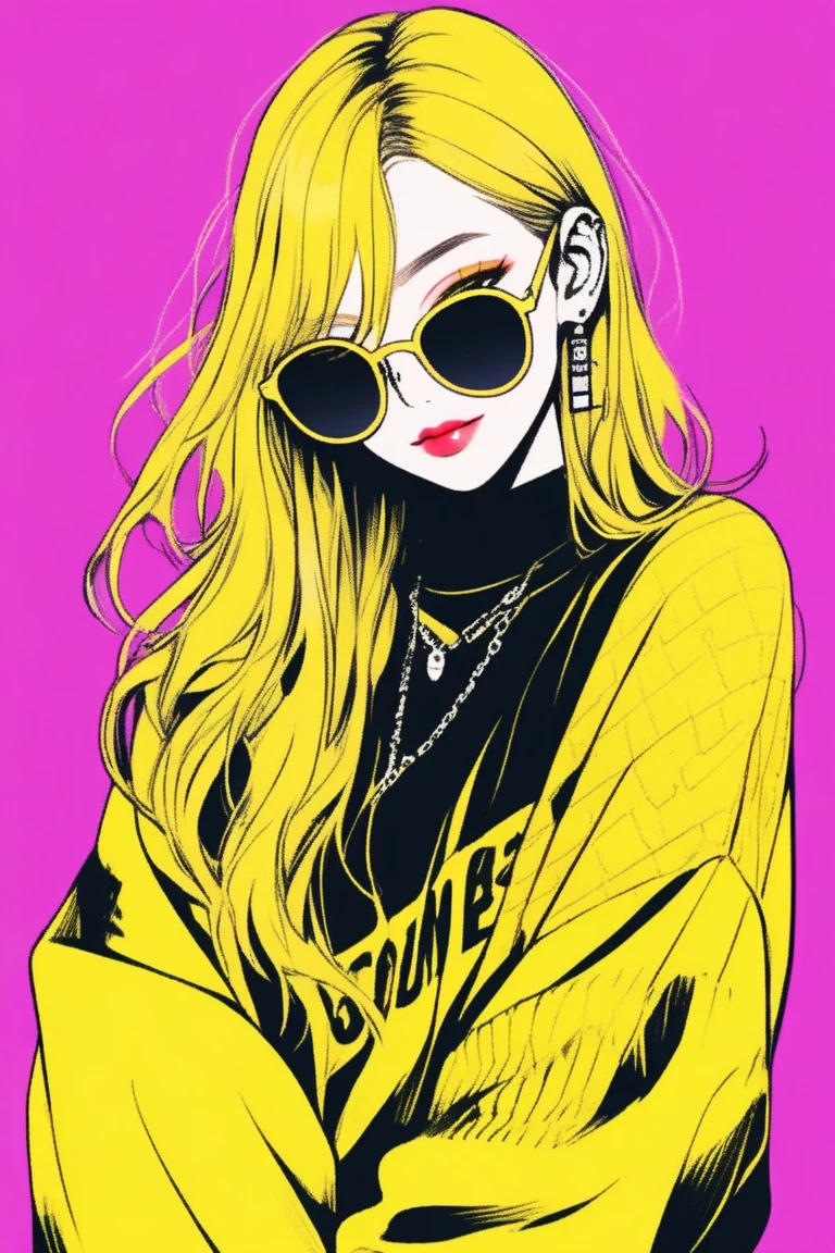 (best quality, sketch:1.2),realistic,illustrator,anime,1 girl, detailed lips, sweater, custom, yellow gradient background, neon hair, Yellow hair, long straight hair, forehead showing, long bangs, wearing sunglasses, positive, lively, bright expression, challenging smile, bright smile, textured cropping, masterpiece, style retro classic, noir dark 