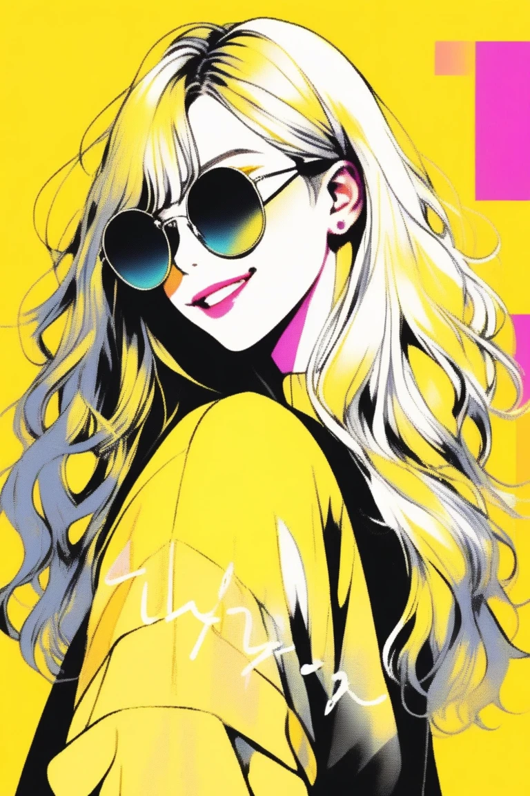 (best quality, sketch:1.2),realistic,illustrator,anime,1 girl, detailed lips, sweater, custom, yellow gradient background, neon hair, Yellow hair, long straight hair, forehead showing, long bangs, wearing sunglasses, positive, lively, bright expression, challenging smile, bright smile, textured cropping, masterpiece, style retro classic, noir dark